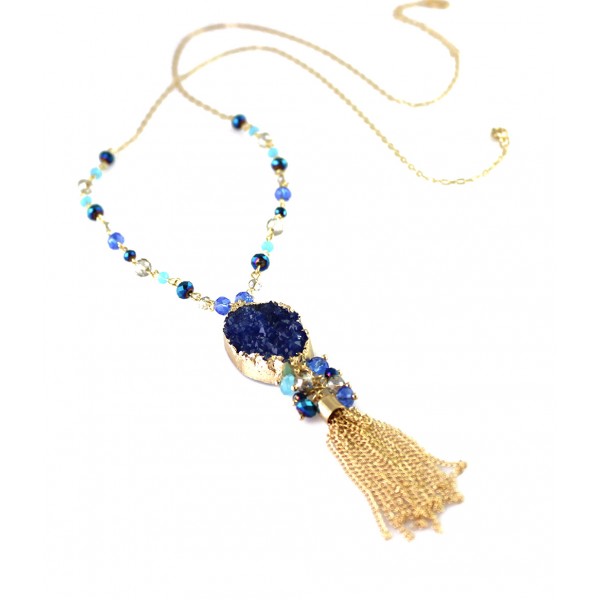 Liora Navy Druzy Stone & Tassel Pendant Necklace